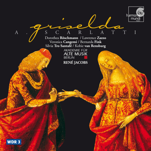 Auf einem historischen Gemälde reichen sich zwei Personen in üppigen roten Geändern die Hand. Darüber Angaben zu Werk und Mitwirkenden.