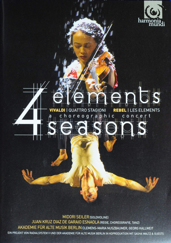 In der Mitte der Werktitel. Darüber eine Frau im Regen, die Geige spielt. Darunter gespiegelt ein männlicher Tänzer. Unten Angaben zu den Mitwirkenden.