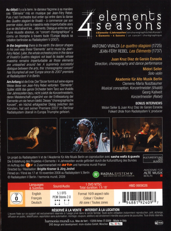 Links oben Texte zu den Werken, rechts Angaben zu Komponisten, Titel und Mitwirkenden. Unten drei kleine Bilder mit Szenen, darunter technische Angaben.