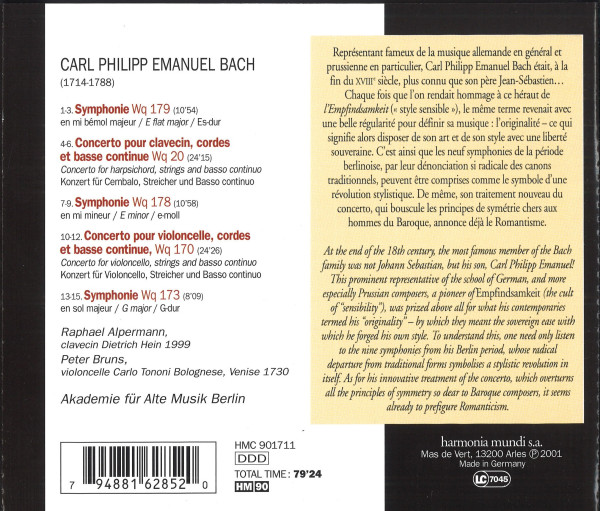 Auf schwarzem, weißen und gelben Hintergrund stehen Angaben zum Komponisten, eine Trackliste sowie Texte zu den Werken auf Englisch und Französisch.