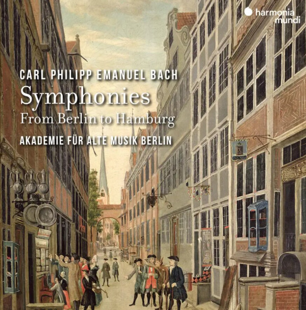 Historisches Gemälde eines Straßenzugs. Im Vordergrund Angaben zu Komponsit, Werken, Titel und Mitwirkenden.