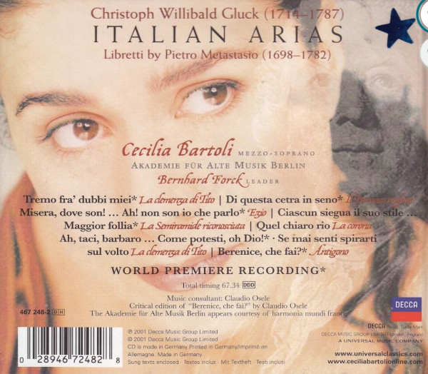 Im Hintergrund ein blasses Portrait einer junden Frau, im Vordergrund in verschnörkelter Schrift Angaben zu den Werken, Mitwirkenden und dem Komponisten.