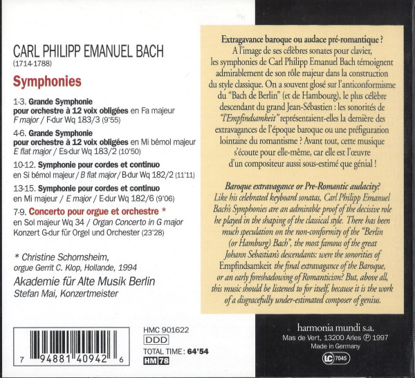 Rückseite der Aufnahme „C.P.E. Bach Symphonies und Orgelkonzert“ mit Werkdetails und Besetzung