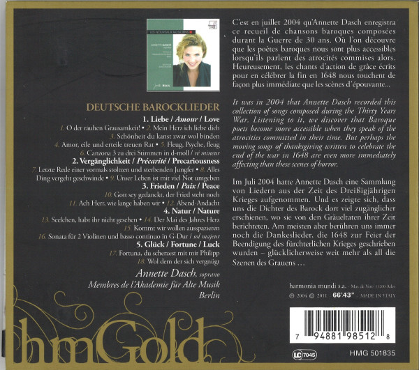 vor dunklem Hintergrund stehen Texte zu den Werken, sowie eine Trackliste und Angaben zu den Mitwirkenden.