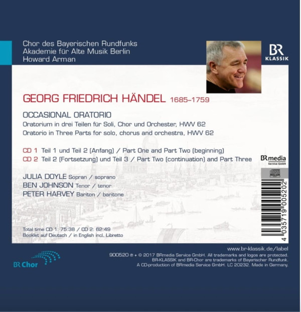 Angaben zu Komponist, Werk und Mitwirkenden, außerdem eine Trackliste und ein kleines Foto eines lächelnden Mannes.