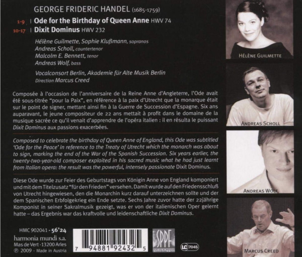 Angaben zu Komponist, Mitwirkenden sowie Werk mit Texten dazu. Rechts vier kleine Bilder Personen, eine Frau und drei Männer.