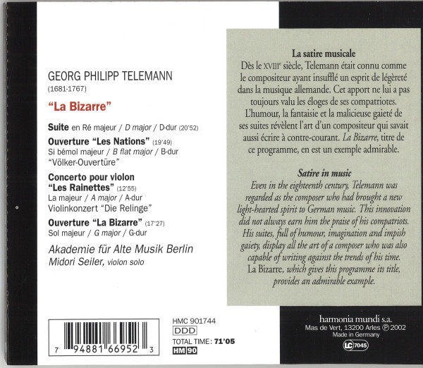 schwarz-weißer Hintergrund mit Texten zu den Werken und einer Trackliste.