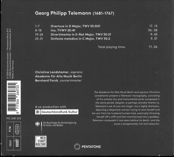 Trackliste. Außerdem Angaben zu Komponist, Werken und Mitwirkenden.