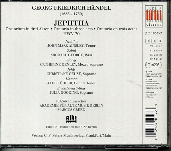Rückseite der Händel‑Oratorium‑Aufnahme „Jephta“ mit Besetzungsliste und Produktionsangaben