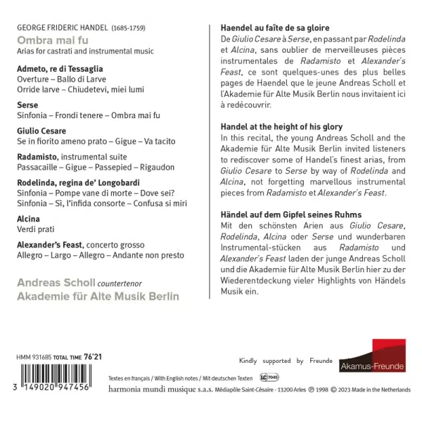 weises, längs zweigeteiltes Rückcover mit schwarzer Schrift. links die Werkangaben, rechts Texte zu den Werken auf Englisch, Französisch und Deutsch.