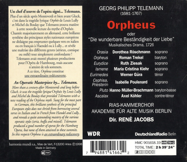Rückseite der Aufnahme Telemann Orpheus oder "Die wunderbare Beständigkeit der Liebe“ mit Besetzung und Text.
