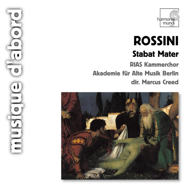 weiser Hintergrund mit Angaben zum Titel und den Mitwirkenden auf der CD. Außerdem ein Gemälde mit biblischer Szene. Links steht "musique d´abord