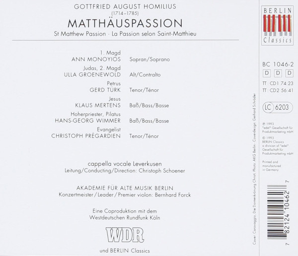 Weiße Rückseite mit Besetzungsliste, Werkangaben und Produktionsdaten der Matthäuspassion; Logos von Berlin Classics und WDR.