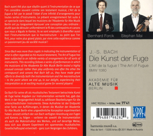 Linke Hälfte: Texte zum Werk, rechts zwei Portraitfotos zweier Männer mit Geigen in der Hand. Darunter Angaben zu Komponist, Werk und Ensemble.