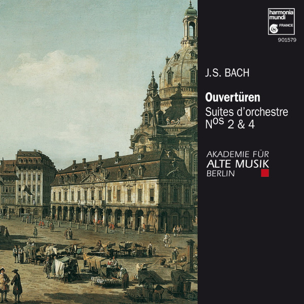 CD‑Cover „Bach Ouvertüren Suites d’orchestre Nr. 2 & 4“ mit historischer Stadtansicht, Akademie für Alte Musik Berlin