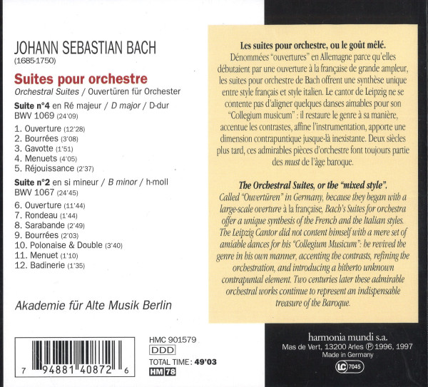Rückseite der CD „Bach Orchestersuiten“ mit Trackliste und Einführungstexten auf Englisch und Französisch
