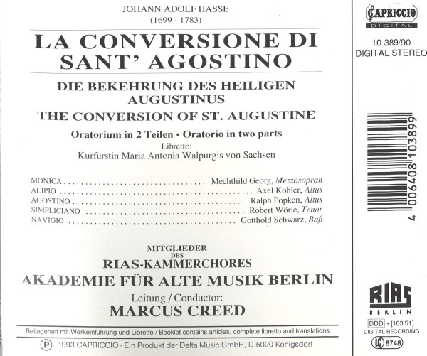 Weiße Rückseite mit Rollenliste, Werkinformationen, Ensembleangaben und Capriccio‑Logo