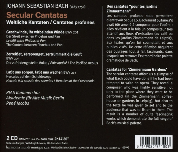 schwarzes Rückcover der CD „Bach: Secular Cantatas“ mit Werkübersicht, Ensembleangaben und Begleittexten in zwei Sprachen.