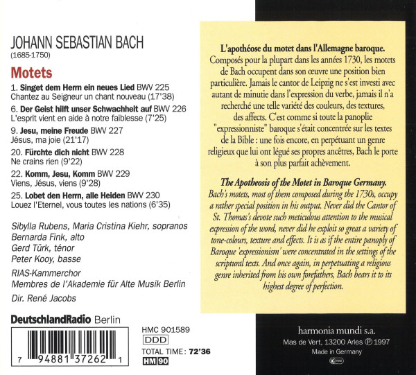 Rückseite der CD „Bach Motetten“ mit vollständiger Werkübersicht, Ensembleangaben und Begeittexten auf Englisch und Französisch.