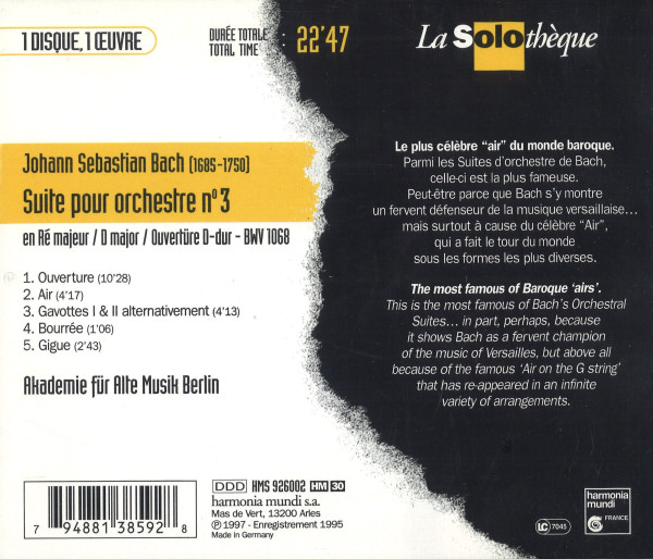 Rückseite der Aufnahme „Bach: Suite für Orchester Nr. 3“ mit Trackliste und Begleittexten.