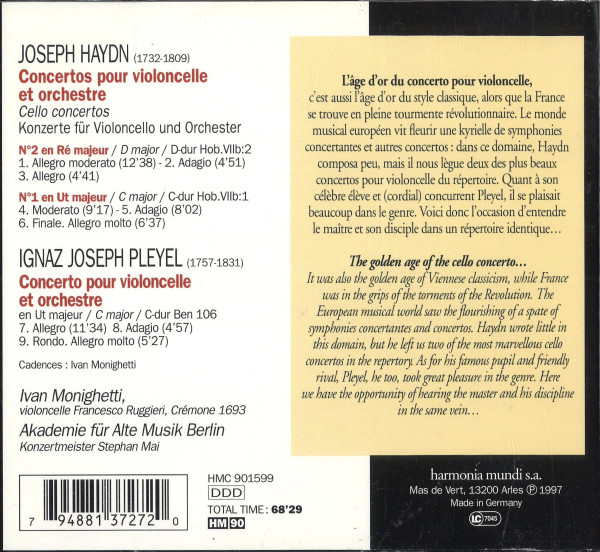 Rückseite der Aufnahme „Haydn und Pleyel Cellokonzerte“ mit Trackliste, Ivan Monighetti und Akademie für Alte Musik Berlin.
