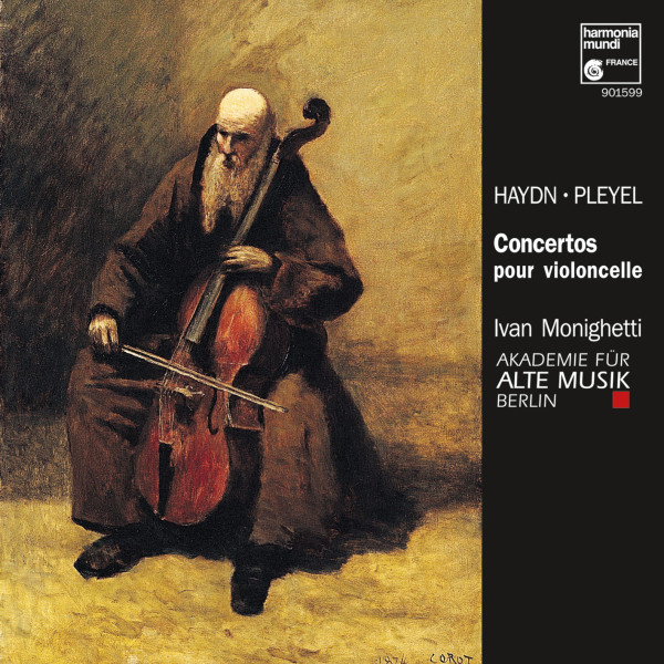 CD‑Cover „Haydn und Pleyel Cellokonzerte“ mit Gemälde eines sitzenden Cellisten. Akademie für Alte Musik Berlin und Ivan Monighetti