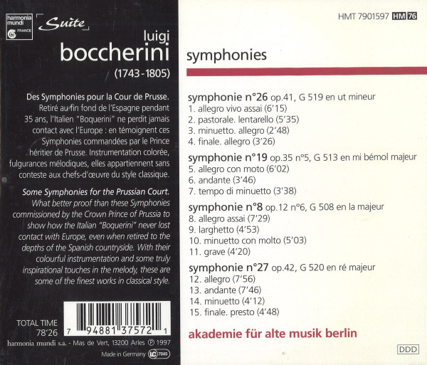 Rückseite der CD „Boccherini Symphonies“ mit Werkangaben und Begleittexten, Akademie für Alte Musik Berlin.