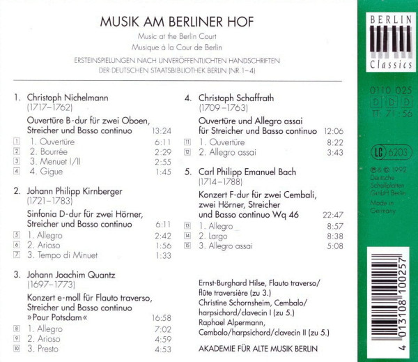 Weiße Rückseite mit detaillierten Werklisten von Nichelmann, Kirnberger, Quantz, Schaffrath und C. P. E. Bach; rechts Logos und Produktionsangaben.