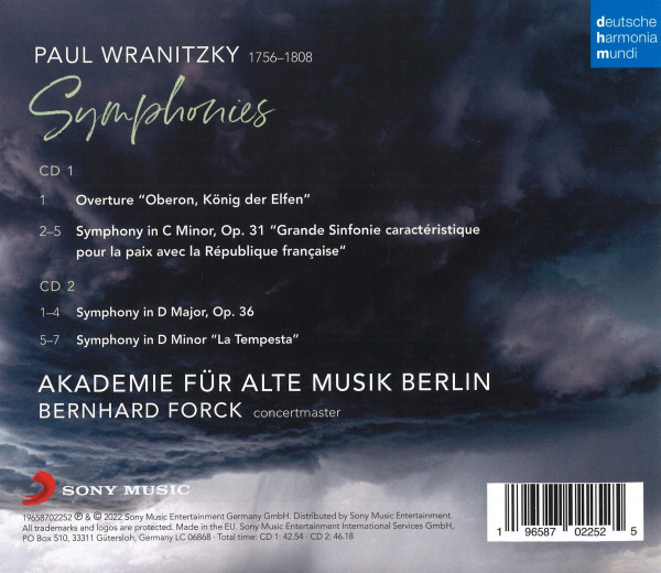 Eine Gewitterlandschaft. Im Vordergrund stehen Komponist, Mitwirkende und eine Trackliste.